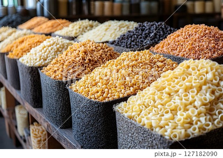 Close-up View of Various Types of Pasta in Baskets 127182090
