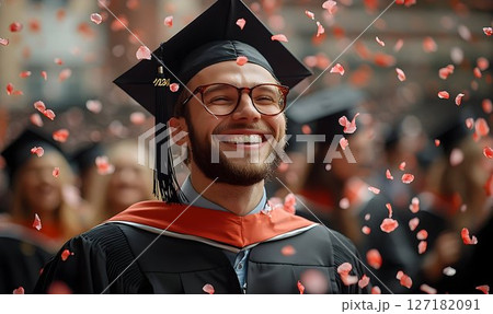 Joyful Graduate Celebrates with Falling Petals 127182091