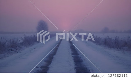 A Winter's Dawn Path Through Misty Fields 127182111