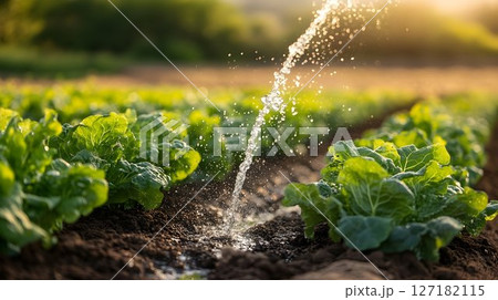 Watering Fresh Bok Choy in a Sunny Field 127182115