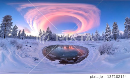 Pink Swirl Clouds Over Frozen Lake in Snowy Winter Landscape Pan 127182134