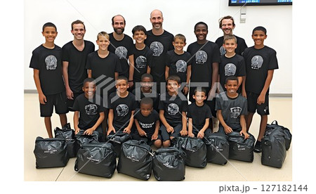 Smiling Youth Soccer Team Poses with Matching Bags and Unique Sk 127182144