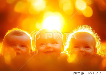 Golden Hour Trio: Three Babies Bathed in Warm Sunlight, Expressi 127182146