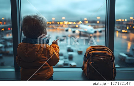 Airport Wonder: Child Gazing at Airplane with Backpack Beside Wi 127182147