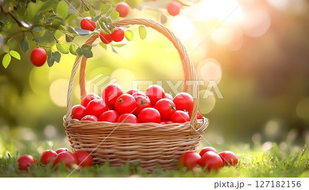 Abundant Harvest: Red Plums Overflowing from Woven Basket in Sun 127182156
