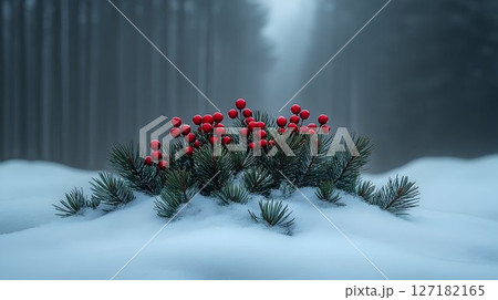 Winter's Embrace: Red Berries and Pine Needles in a Snowy Forest 127182165