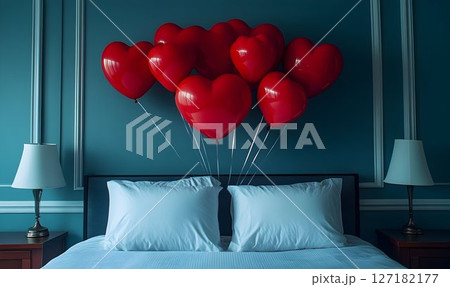 Romantic bedroom scene with red heart balloons floating above th 127182177