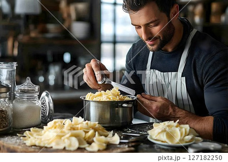 Focused chef grating cheese into a pot, preparing a meal in a ru 127182250