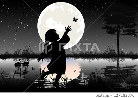 Cute Girl And Moon Silhouette Cute Girl And Moon Silhouette 127182376