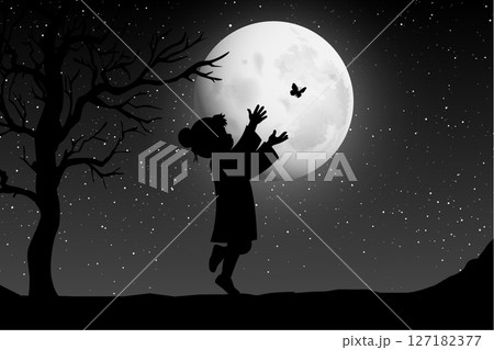 Cute Girl And Moon Silhouette Cute Girl And Moon Silhouette 127182377