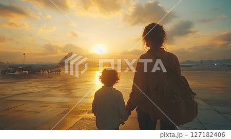 Golden Sunset at the Airport with a Mother and Child 127182406