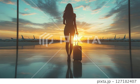 Silhouette of a Woman at Sunset Airport Departure 127182407