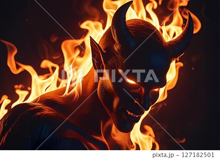 暗闇に炎をまとった悪魔の顔 暗闇に炎をまとった悪魔の顔 127182501