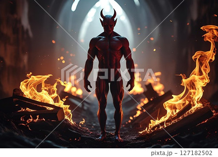 屋内で炎に囲まれた悪魔のような人物 127182502