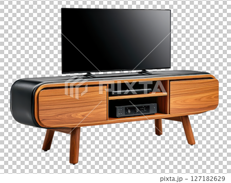 Contemporary media console with open shelving and wooden finish Contemporary media console with open shelving and wooden finish 127182629