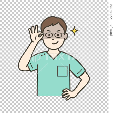眼鏡を上げて悪巧みしてニヤける若い男性歯科医師 127182868