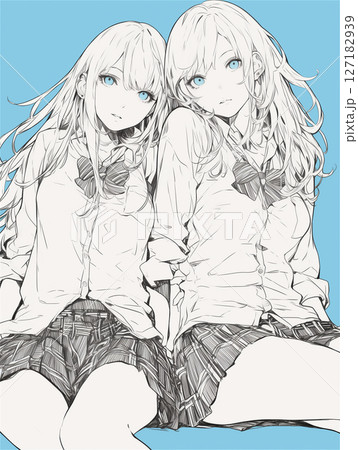 身を寄せ合う女子高生2人のイラスト 127182939