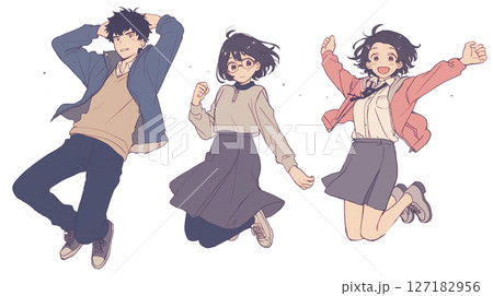 ジャンプする若い男女のイラスト ジャンプする若い男女のイラスト 127182956
