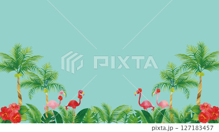 水彩風 フラミンゴとトロピカル熱帯植物のセット飾りフレーム3(16:9) 水彩風 フラミンゴとトロピカル熱帯植物のセット飾りフレーム3(16:9) 127183457