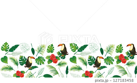 水彩風　オオハシとトロピカル熱帯植物のセット飾りフレーム1（16:9） 127183458