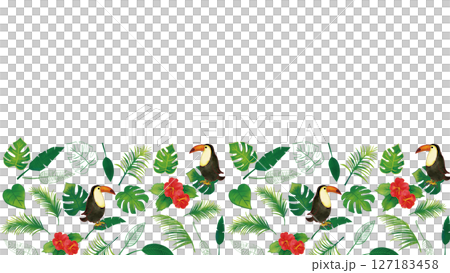 水彩風格巨嘴鳥和熱帶植物套裝裝飾框1(16:9) 水彩風格巨嘴鳥和熱帶植物套裝裝飾框1(16:9) 127183458