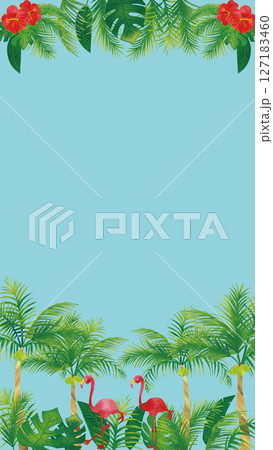 水彩風 フラミンゴとトロピカル熱帯植物のセット飾りフレーム1(16:9)縦 水彩風 フラミンゴとトロピカル熱帯植物のセット飾りフレーム1(16:9)縦 127183460