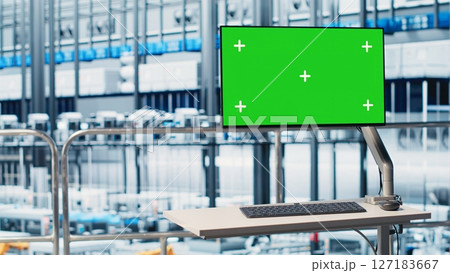 Chroma key monitor displaying industrial automation program overlooking industry 4.0 smart factory. Isolated screen display overseeing robotic arms, IoT connected machines and control system, close up 127183667