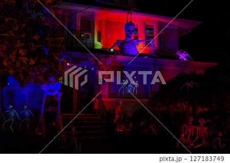 Creepy Skeleton Scene with Pink Lighting in Spooky Halloween Display Creepy Skeleton Scene with Pink Lighting in Spooky Halloween Display 127183749