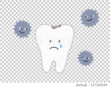 A crying tooth character with a cavity and tooth decay bacteria, with main line 127184584
