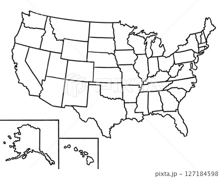 アメリカ合衆国の地図(線画、州境線入り)ブラック アメリカ合衆国の地図(線画、州境線入り)ブラック 127184598