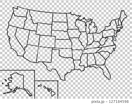アメリカ合衆国の地図(線画、州境線入り)ブラック アメリカ合衆国の地図(線画、州境線入り)ブラック 127184598