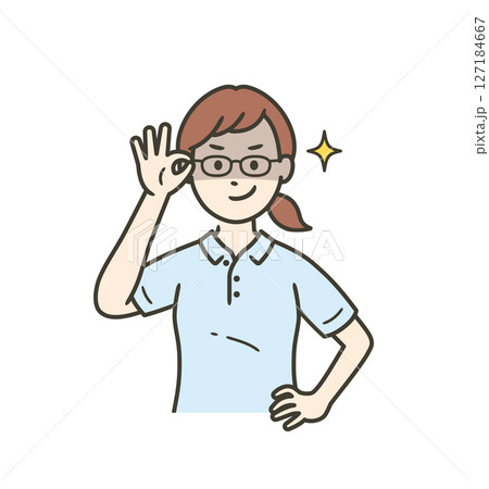眼鏡を上げて悪巧みしてニヤける若い女性介護士 眼鏡を上げて悪巧みしてニヤける若い女性介護士 127184667