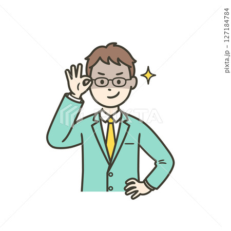 眼鏡を上げて悪巧みしてニヤける学生男子 眼鏡を上げて悪巧みしてニヤける学生男子 127184784