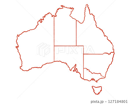 オーストラリアの地図（線画、州境線入り）レッド 127184801