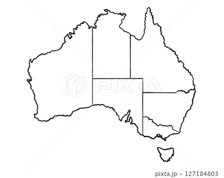 オーストラリアの地図(線画、州境線入り)ブラック オーストラリアの地図(線画、州境線入り)ブラック 127184803