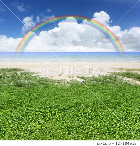 砂浜と青空と虹の背景、ワクワクする海夏の空想の風景 砂浜と青空と虹の背景、ワクワクする海夏の空想の風景 127184918