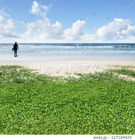 海へと続く砂浜と青空、波乗りサーファーの空想の風景 海へと続く砂浜と青空、波乗りサーファーの空想の風景 127184920