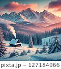 夕陽の雪景色の中の山小屋 127184966