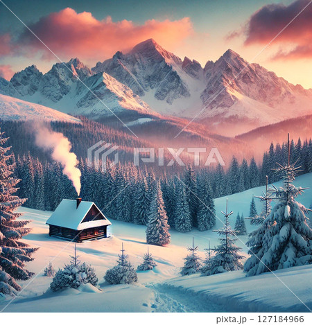 夕陽の雪景色の中の山小屋 夕陽の雪景色の中の山小屋 127184966