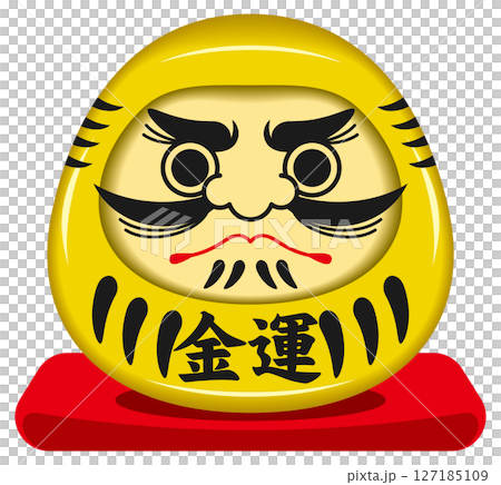 Illustration of a lucky daruma doll sitting on a red cushion 127185109