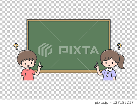Boy and girl pointing at the blackboard, upper body 127185217