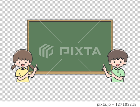 Girl and boy pointing at blackboard, upper body 127185218