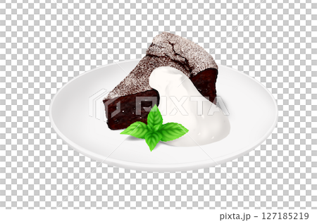 Chocolate cake and fresh cream served on a plate 127185219