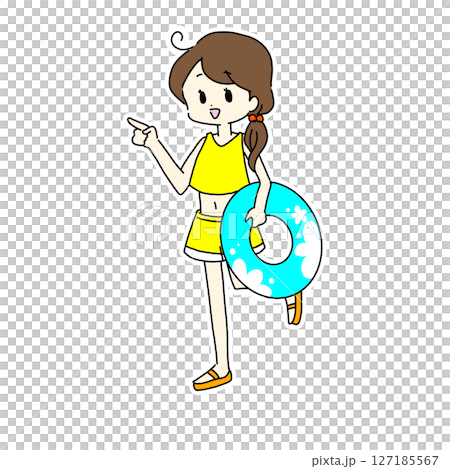 A woman in a swimsuit walking with a swim ring 127185567