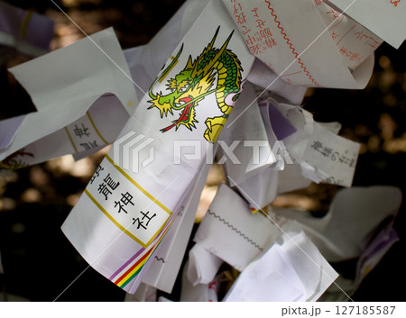 神社の結ばれたおみくじの風景 127185587