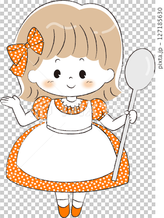 A girl wearing a dress holding a large spoon 127185630