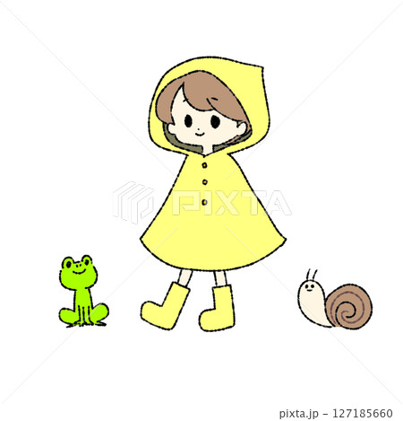 黄色いレインコートを着た男の子とカエルとカタツムリ 127185660