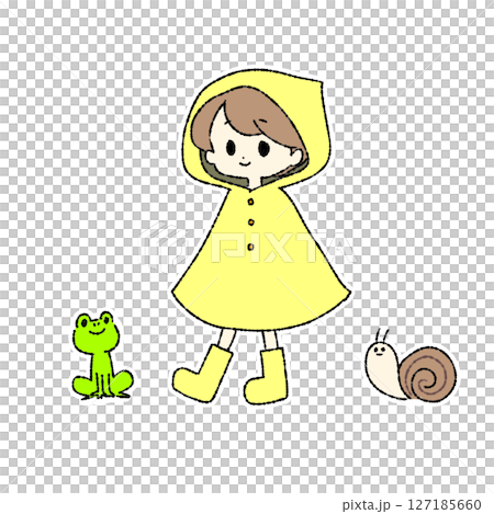 A boy in a yellow raincoat with a frog and a snail 127185660