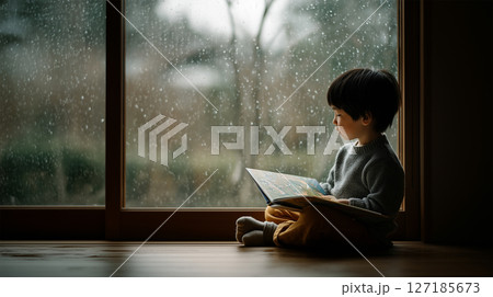 絵本を読みながら雨を眺める日本人の幼児 127185673