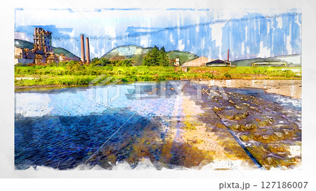 スケッチ風 スケッチ 風景 キレイ 俯瞰 ドローン写真 上空 空 山 空中 浮遊 幻想的 ドローン 127186007